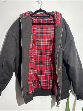Brandy Melville Black Utility Jacket with Red Plaid Lining and Hood